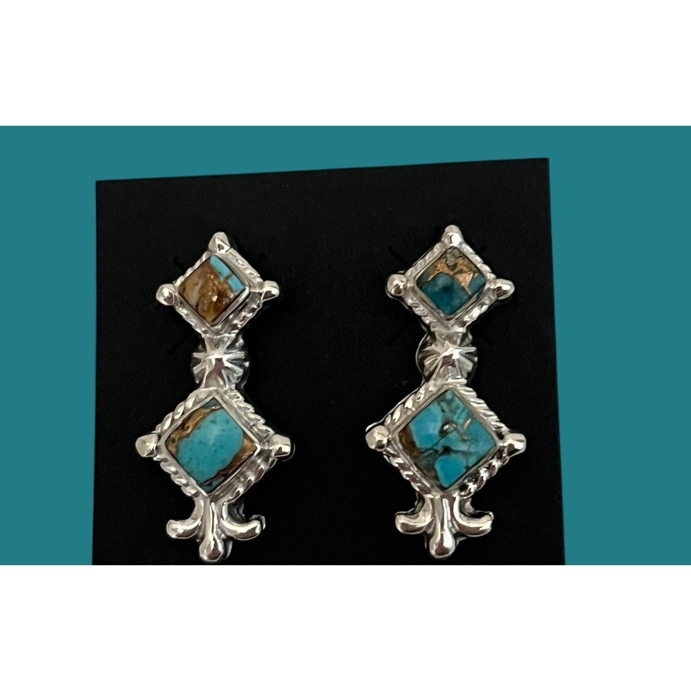 Navajo Native American Sadie Jim Sterling Silver Turquoise Spiny Earrings Post - Picture 2 of 9